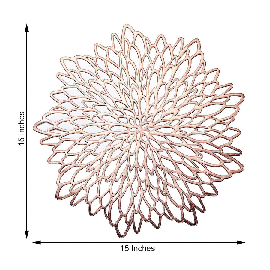 6 Pack | 15inch Blush Rose Gold Metallic Floral Vinyl Placemats, Non-Slip Round Dining Table Mats