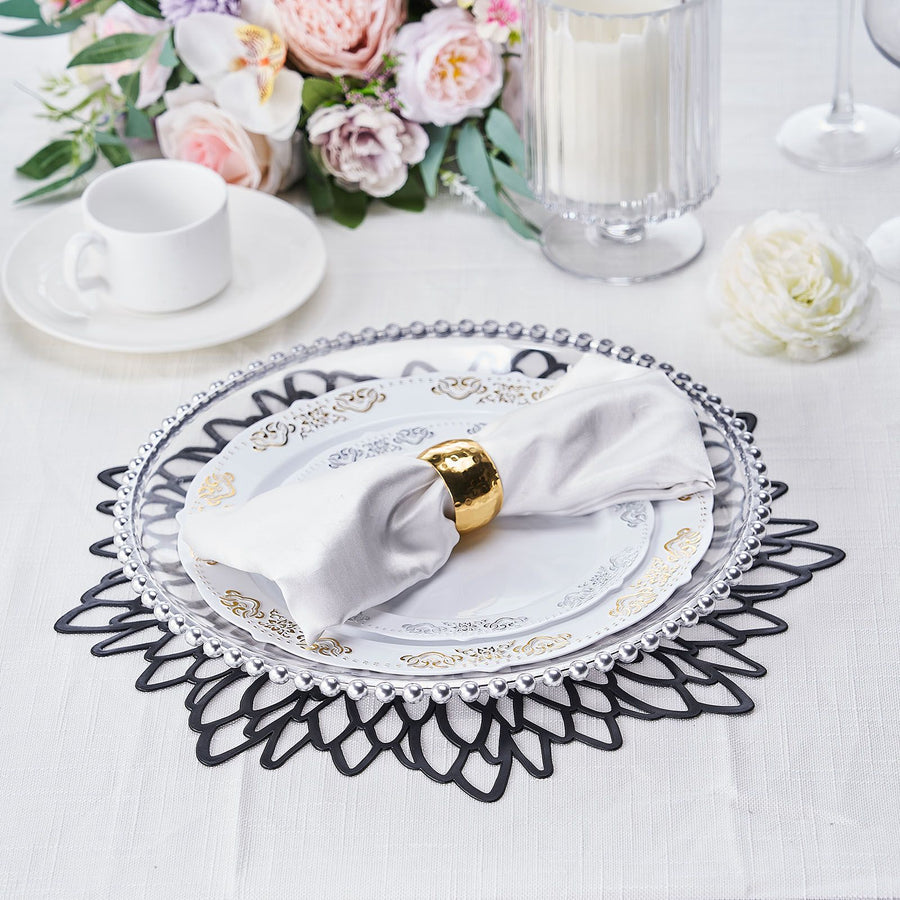 6 Pack | 15inch Black Decorative Floral Vinyl Placemats, Non-Slip Round Dining Table Mats