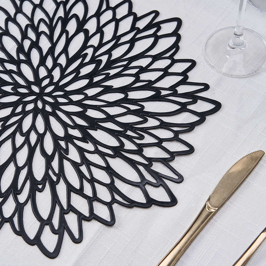6 Pack | 15inch Black Decorative Floral Vinyl Placemats, Non-Slip Round Dining Table Mats