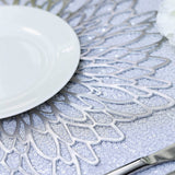 6 Pack | 15inch Silver Decorative Floral Vinyl Placemats, Non-Slip Round Dining Table Mats