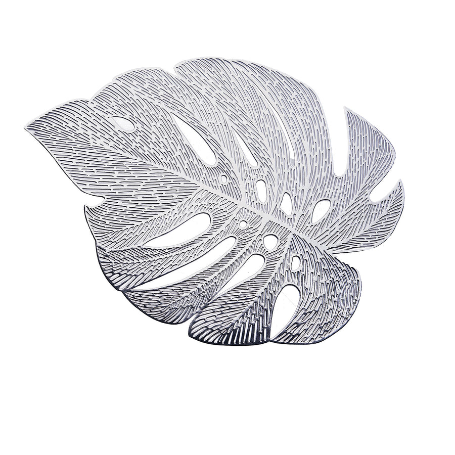 6 Pack | 18inch Silver Monstera Leaf Vinyl Placemats, Non-Slip Dining Table Mats