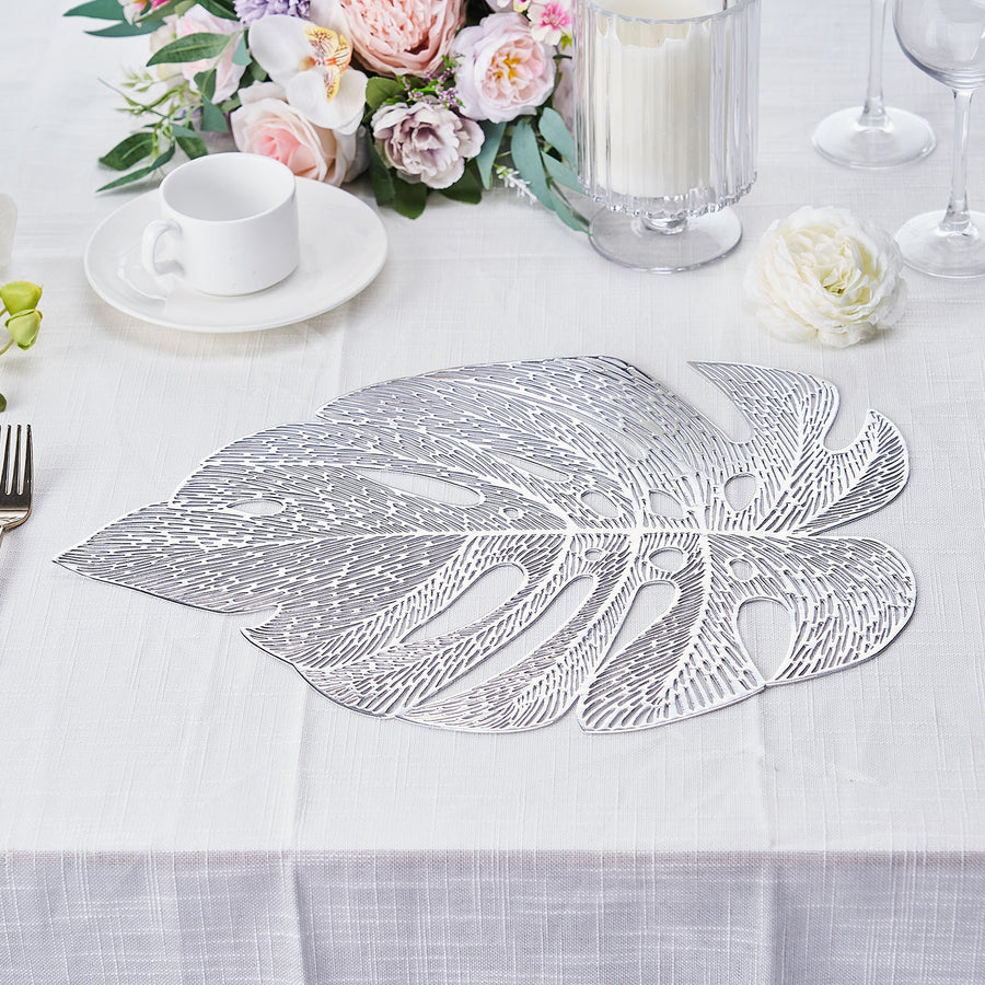 6 Pack | 18inch Silver Monstera Leaf Vinyl Placemats, Non-Slip Dining Table Mats