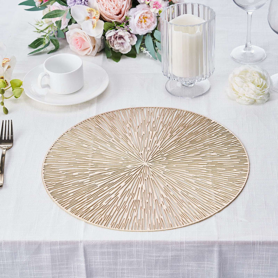 6 Pack | 15inch Gold Metallic Non-Slip Placemats, Spiked Design Round Vinyl Table Mats