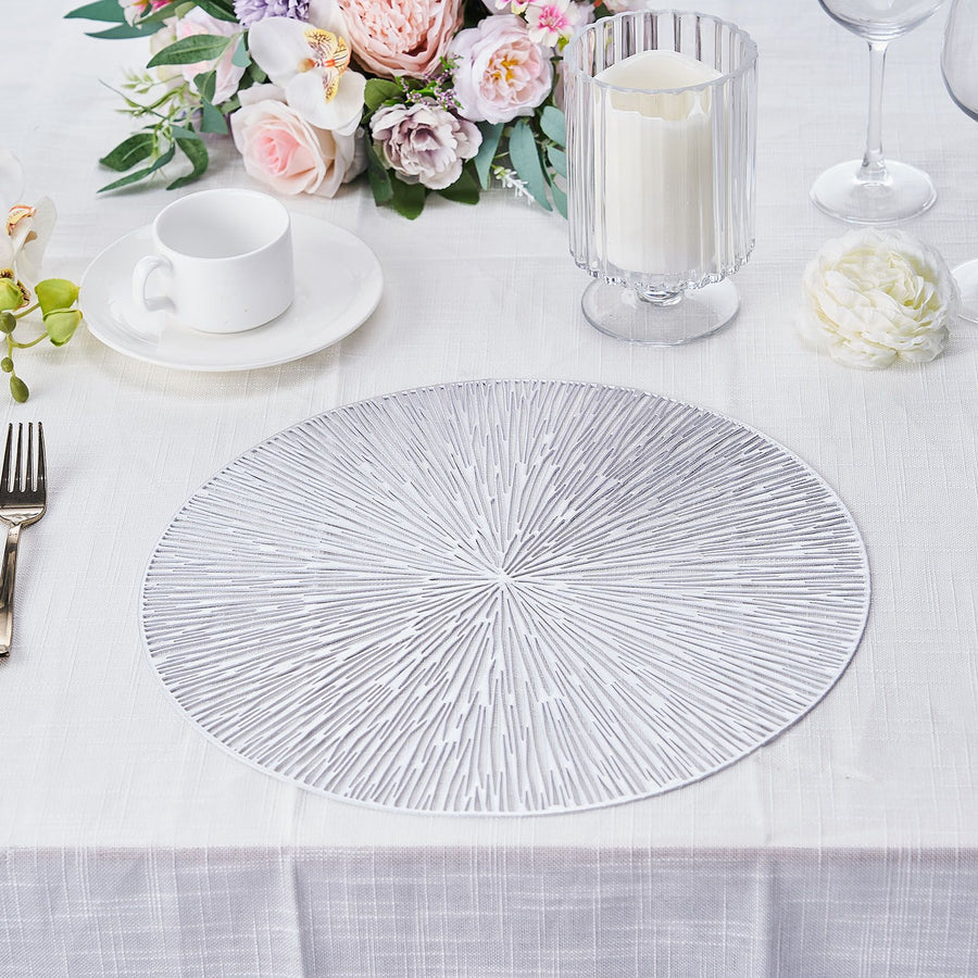 6 Pack | 15inch Silver Metallic Non-Slip Placemats, Spiked Design Round Vinyl Table Mats