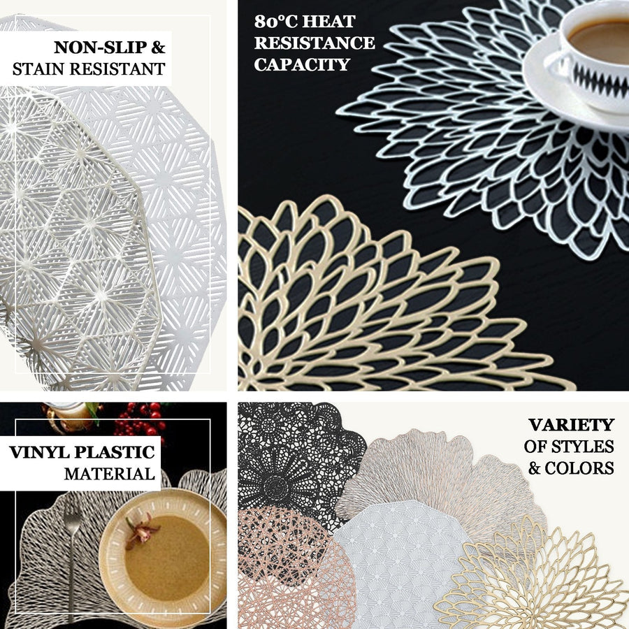 6 Pack | 15inch White Vintage Floral Lace Vinyl Placemats, Non-Slip Dining Table Mats
