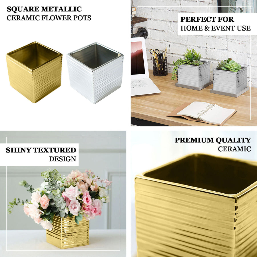 2 Pack | 5inch Gold Brush Textured Ceramic Square Indoor Plant Pots