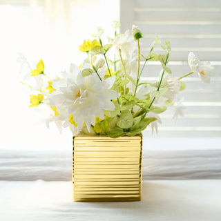 Chic and Sophisticated: Gold Brush Textured Ceramic Square Indoor Plant Pots