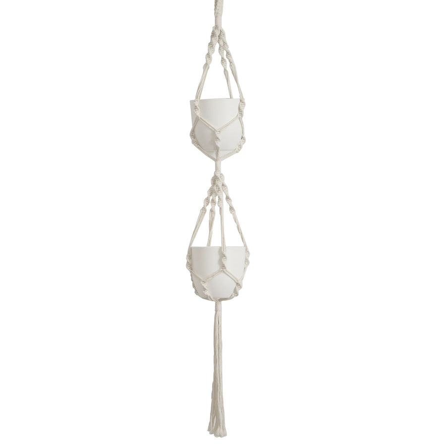 2-Tier Double Ivory Macrame Indoor Hanging Planter Basket Cotton Rope#whtbkgd
