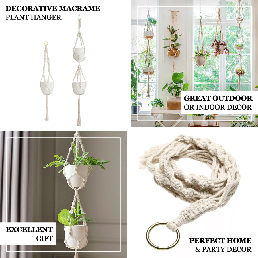 2 Pack | Ivory Macrame Indoor Hanging Planter Basket Cotton Ropes