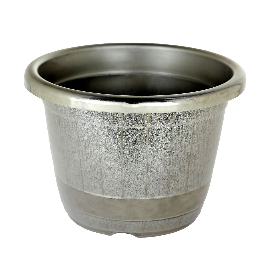 14inch Silver Chrome Finished Rim Large Barrel Planter Pot, Indoor/Outdoor Decorative Flower Pot