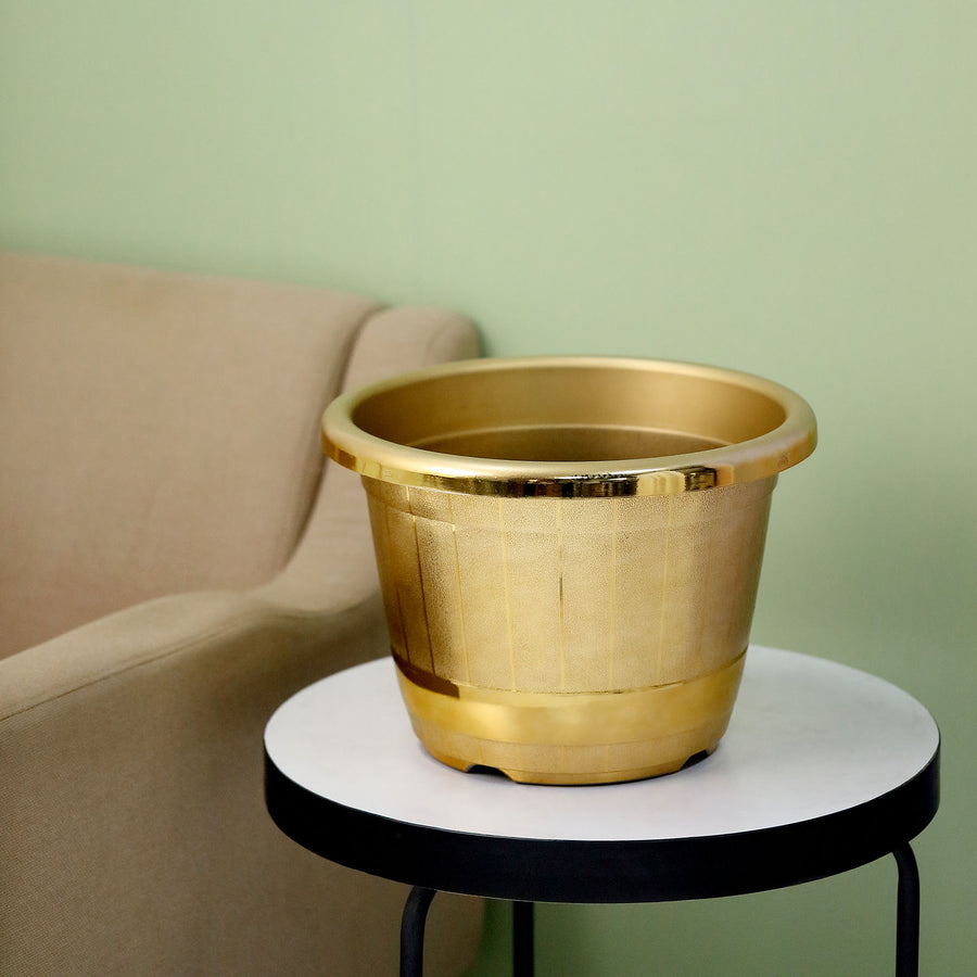 14inch Gold Shiny Finished Rim Large Barrel Planter Pot, Indoor/Outdoor Decorative Flower Pot