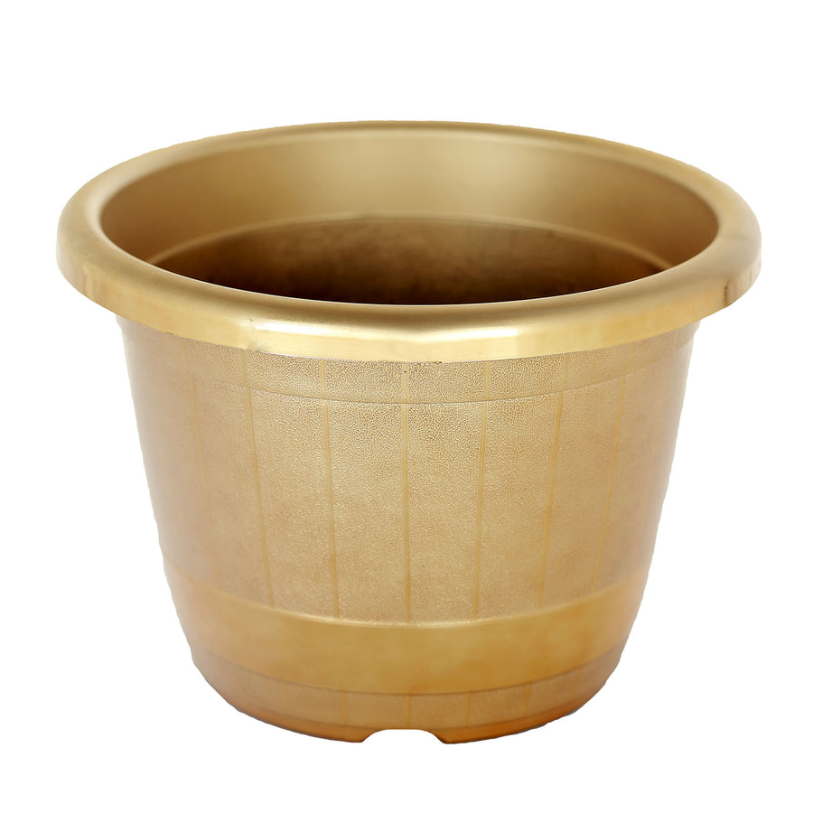 14inch Gold Shiny Finished Rim Large Barrel Planter Pot, Indoor/Outdoor Decorative Flower Pot#whtbkgd
