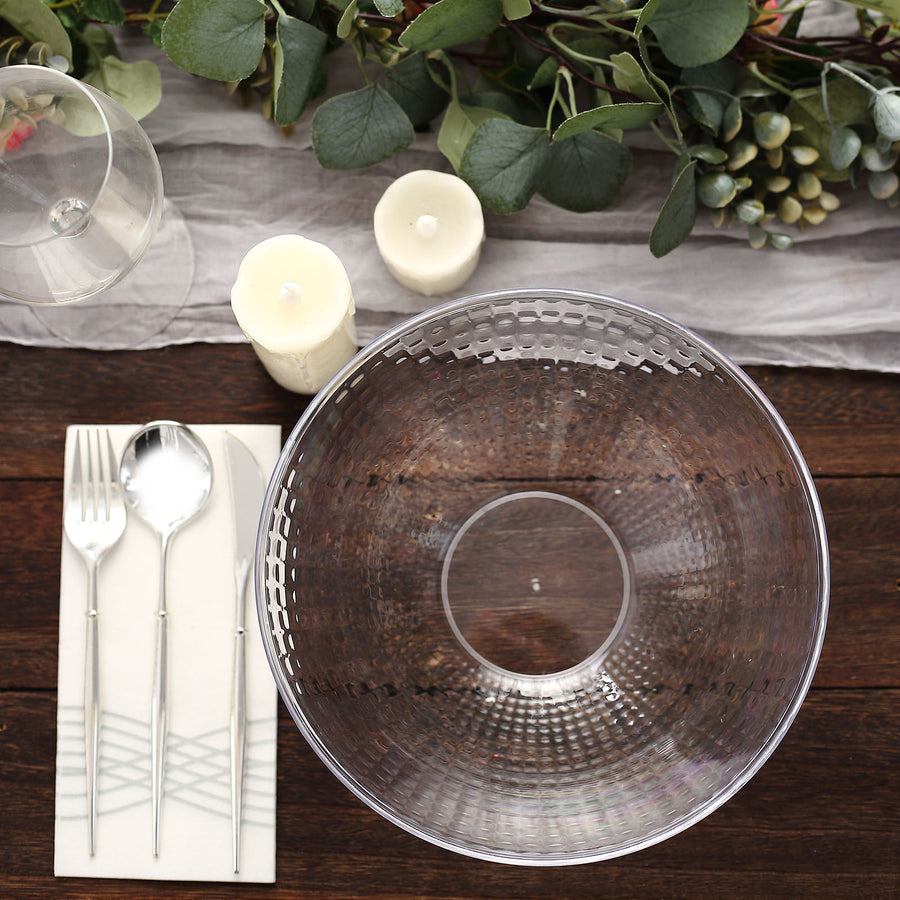 4 Pack | 64oz Clear Hammered Design Hard Plastic Salad Bowls, Disposable Serving Dishes