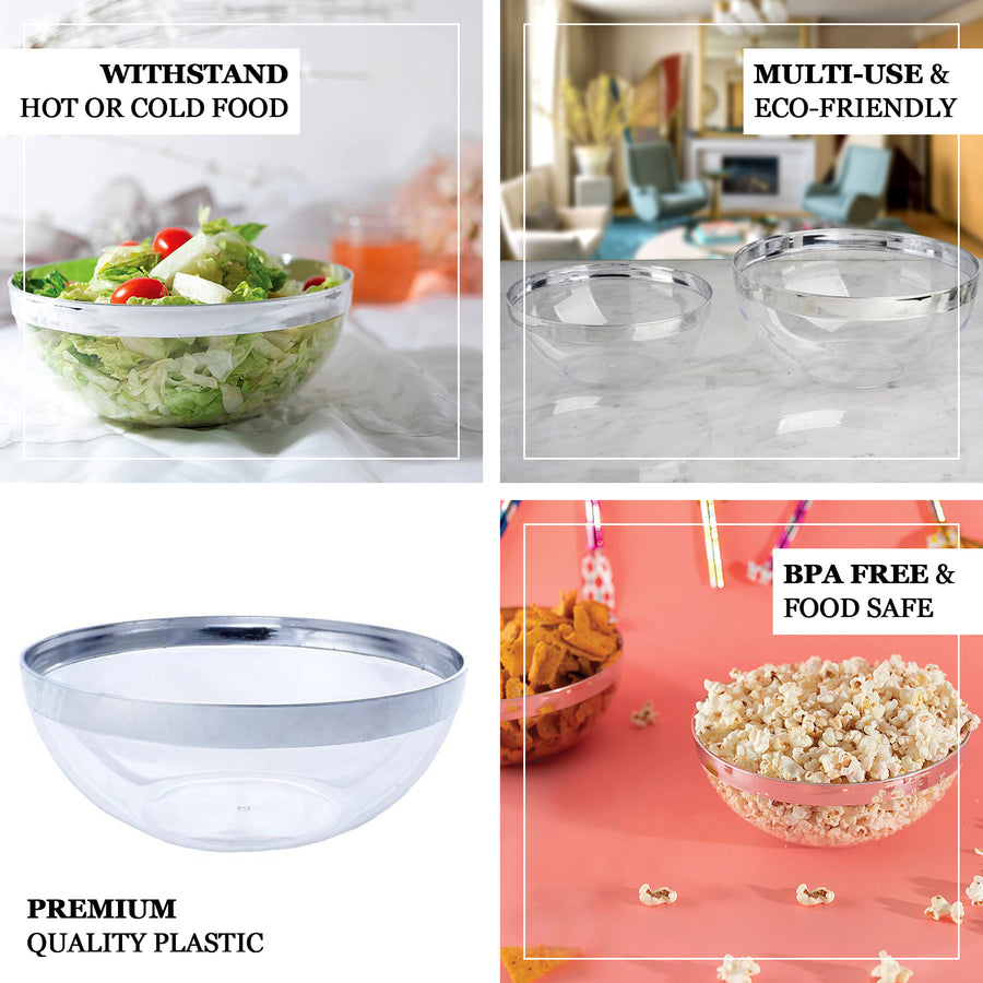 4 Pack 32oz Clear Elegant Plastic Salad Bowls, Disposable Serving Dishes - Round with Silver Rim