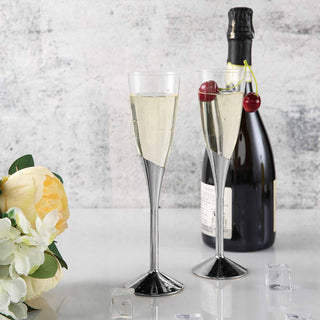 Glossy and Stunning 5oz Clear / Silver Plastic Champagne Flutes