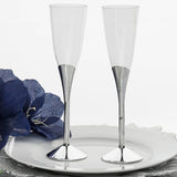 6 Pack | 5oz Clear / Silver Plastic Champagne Flutes, Disposable Glasses With Detachable Base