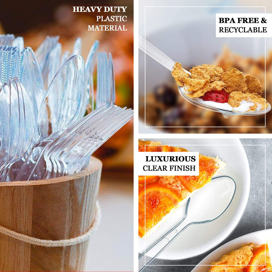 25 Pack 7" Clear Heavy Duty Disposable Spoons with Fluted Handles, Plastic Silverware