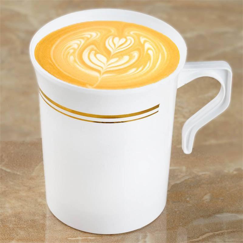 8 Pack | 8oz White / Gold Tres Chic Collection Plastic Coffee Cups, Disposable Tea Cups
