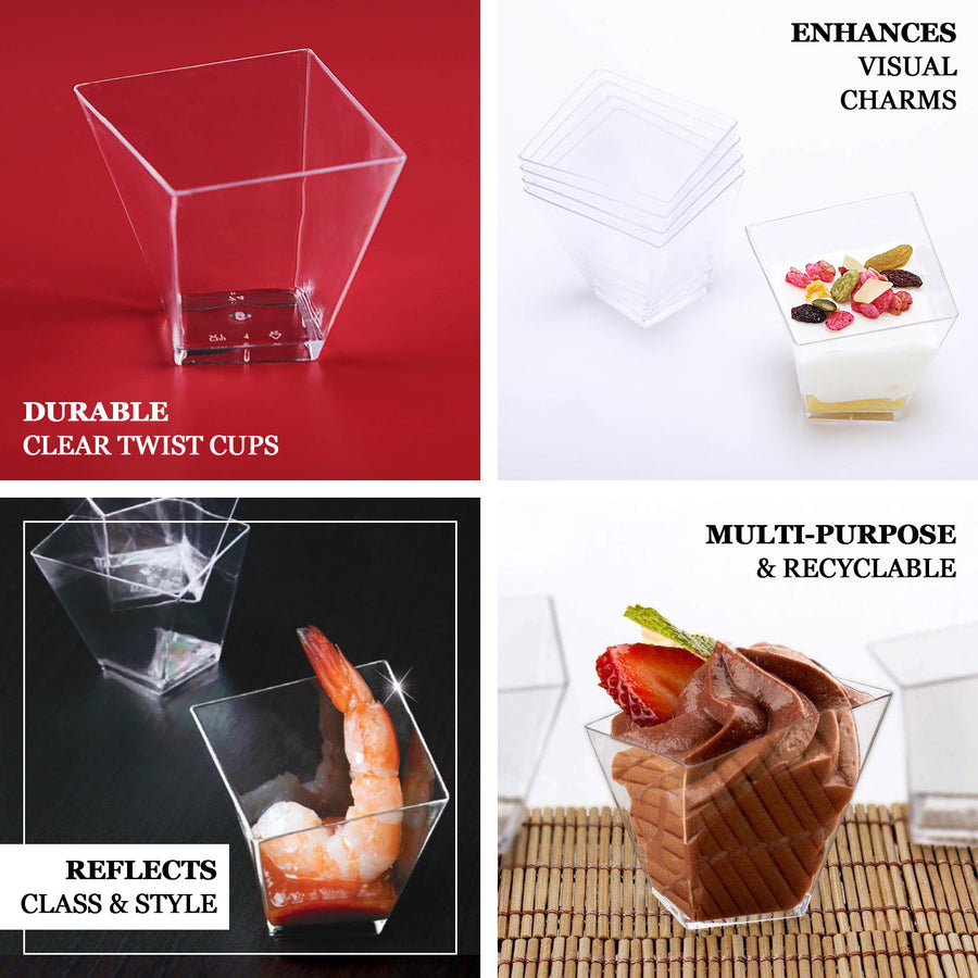 50 Pack | 2oz Clear Square Twist Plastic Dessert Cups, Disposable Dip Sauce Cups