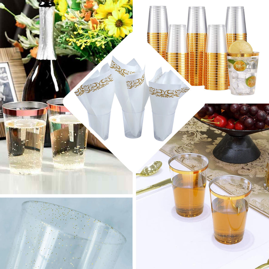 12 Pack | 10oz Rose Gold Rim Clear Plastic Party Cups, Disposable Tumblers