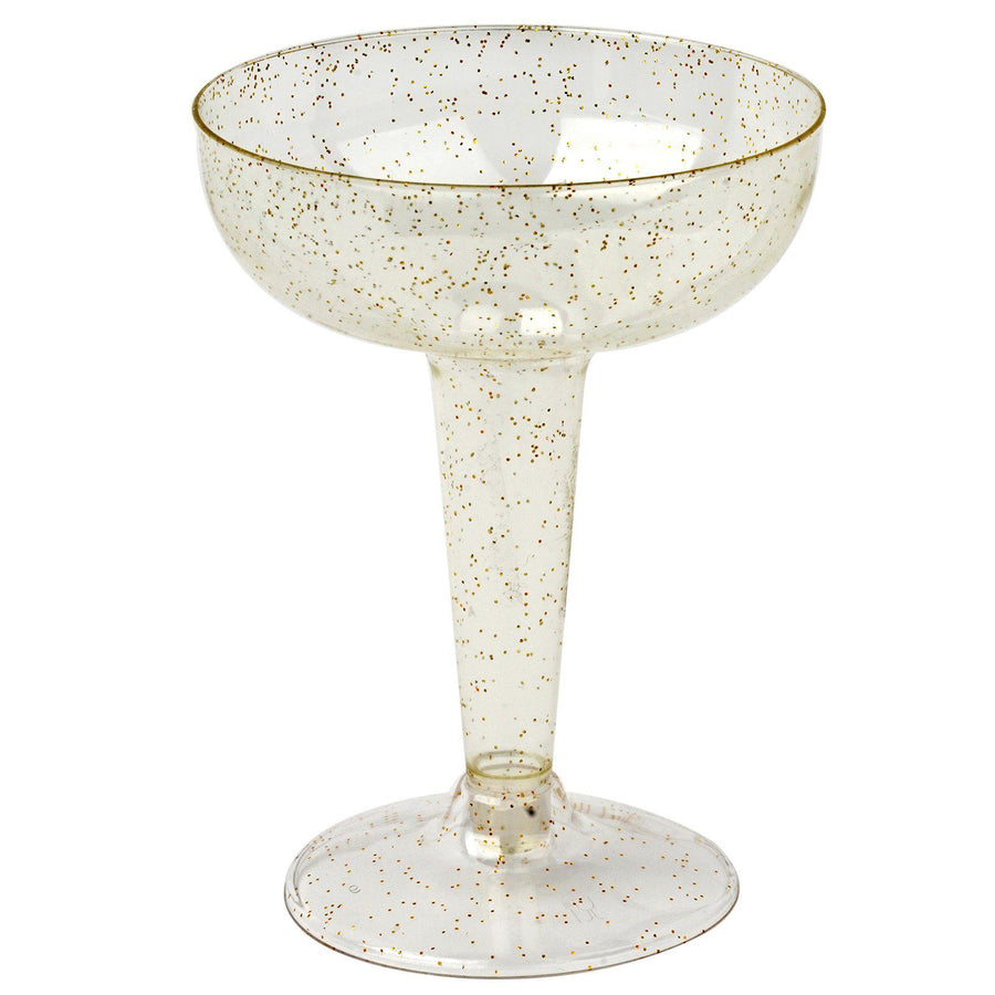 12 Pack | 3oz Gold Glittered Clear Plastic Coupe Cocktail Glasses, Disposable Glasses#whtbkgd
