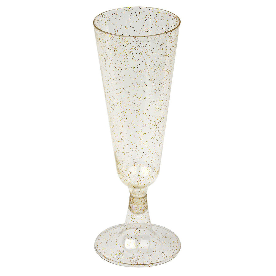 12 Pack | 5oz Gold Glittered Short Stem Plastic Champagne Glasses, Disposable Trumpet Flutes#whtbkgd