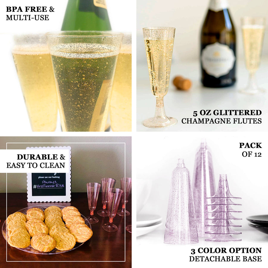 12 Pack | 5oz Gold Glittered Short Stem Plastic Champagne Glasses, Disposable Trumpet Flutes