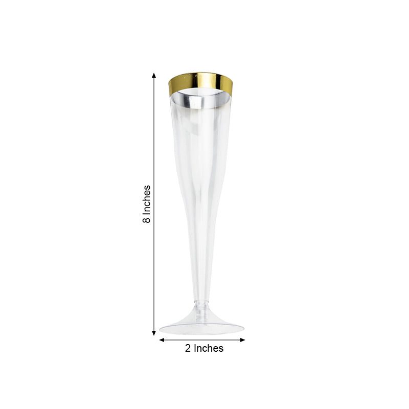 12 Pack | 6oz Clear / Gold Hollow Stem Plastic Champagne Flute Glasses, Disposable