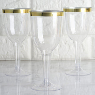 Elegant and Versatile 12 Pack of Clear / Gold Rim Hollow Stem Plastic Wine Goblet Glasses