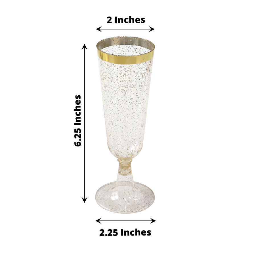 12 Pack | 6oz Gold Rim Glittered Plastic Champagne Glasses, Disposable Flutes With Detachable Base