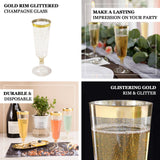 12 Pack | 6oz Gold Rim Glittered Plastic Champagne Glasses, Disposable Flutes With Detachable Base