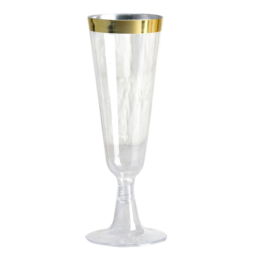 12 Pack | 5oz Gold Rim Clear Short Stem Plastic Champagne Glasses, Disposable Trumpet Flutes#whtbkgd