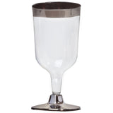 12 Pack | 6oz Chrome Silver Rim Clear Plastic Short Stem Wine Glasses, Disposable Party Cups#whtbkgd