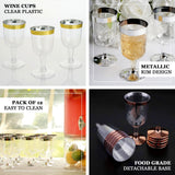 12 Pack | 6oz Chrome Silver Rim Clear Plastic Short Stem Wine Glasses, Disposable Party Cups