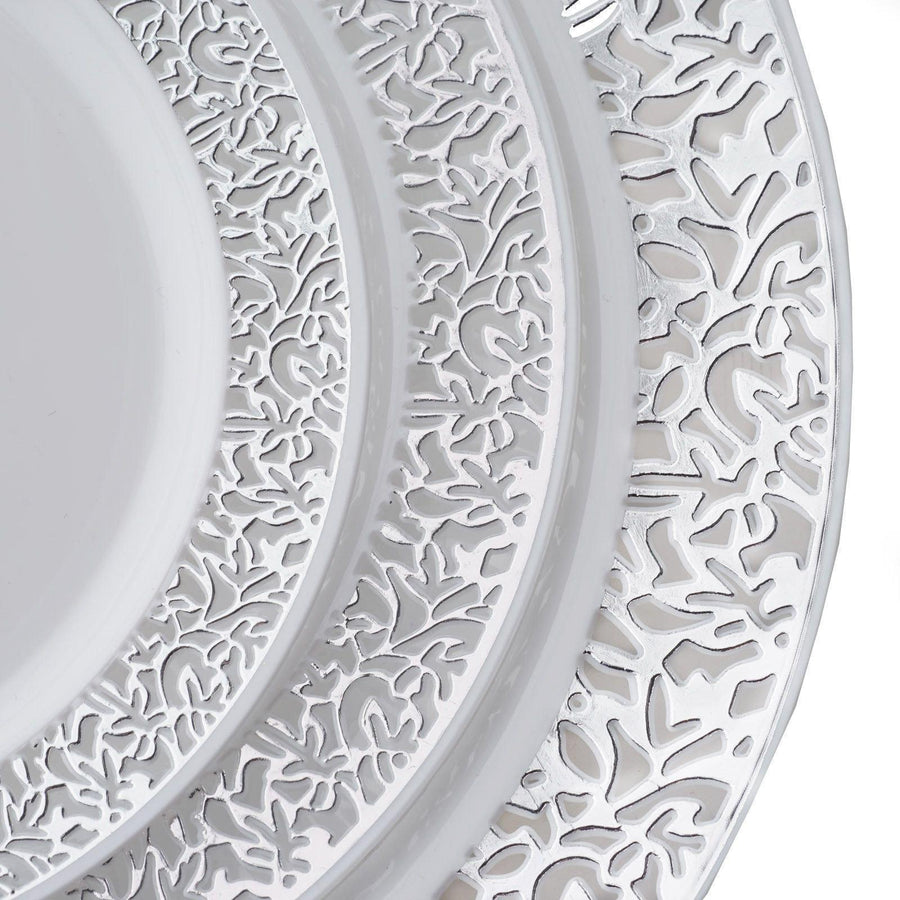 10 Pack | 6inch Silver Lace Rim White Disposable Salad Plates, Plastic Appetizer Plates#whtbkgd