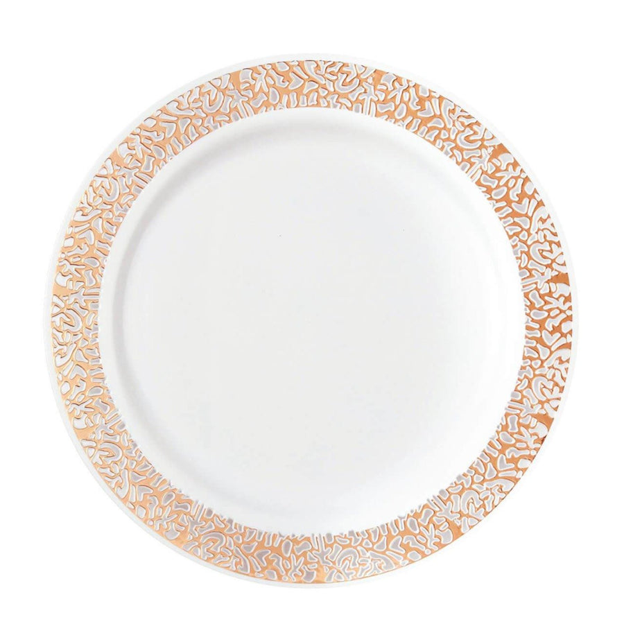 10 Pack | 7inch Rose Gold Lace Rim White Disposable Salad Plates, Plastic Dessert Appetizer Plates