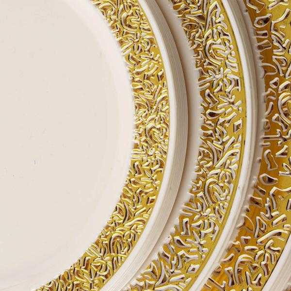 10 Pack | 10inch Elegant Gold Lace Rim Ivory Disposable Dinner Plates, Plastic Party Plates#whtbkgd