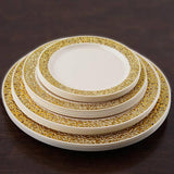 10 Pack | 10inch Elegant Gold Lace Rim Ivory Disposable Dinner Plates, Fancy Plastic Party Plates