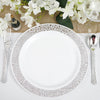 10 Pack | 10inch Elegant Silver Lace Rim White Disposable Dinner Plates, Fancy Plastic Party Plates