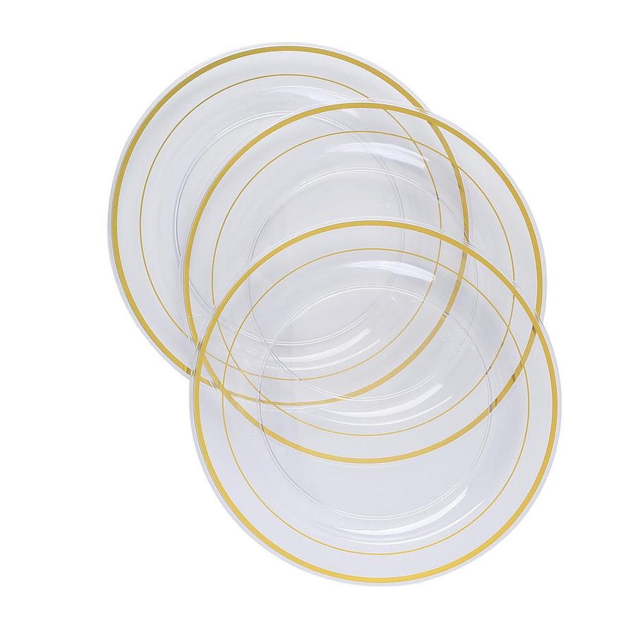 10 Pack | 8inch Très Chic Gold Rim Clear Disposable Salad Plates, Plastic Dessert Appetizer Plates