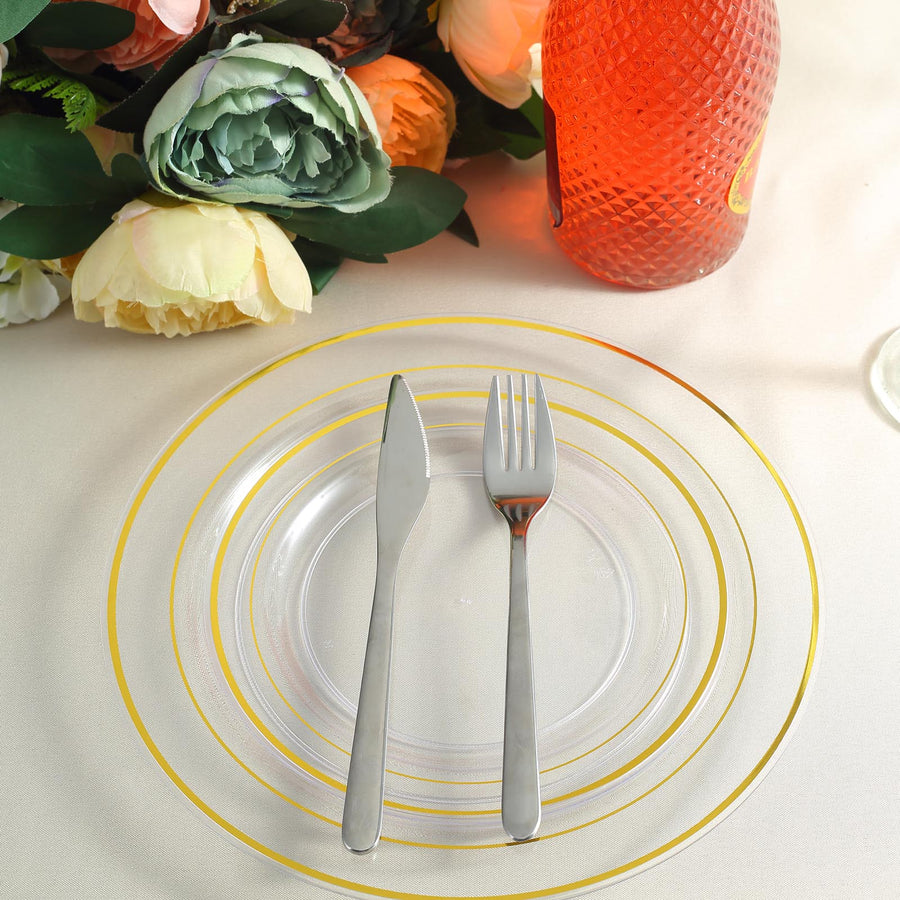 10 Pack | 10inch Très Chic Gold Rim Clear Disposable Dinner Plates, Plastic Party Plates