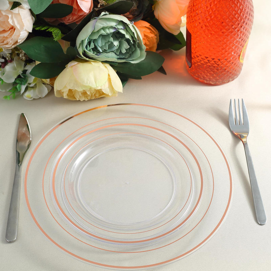 10 Pack | 10inch Très Chic Rose Gold Rim Clear Disposable Dinner Plates, Plastic Party Plates
