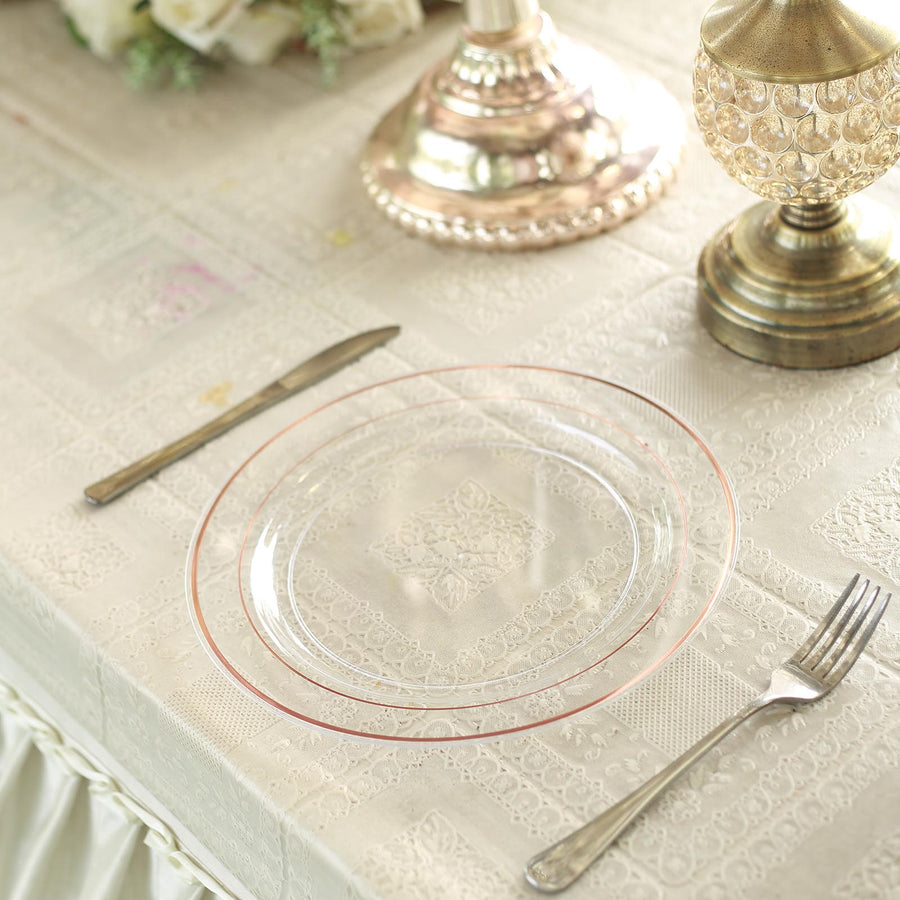 10 Pack | 10inch Très Chic Rose Gold Rim Clear Disposable Dinner Plates, Plastic Party Plates