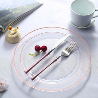 Add Elegance to Your Event with Très Chic Rose Gold Rim Clear Disposable Dinner Plates