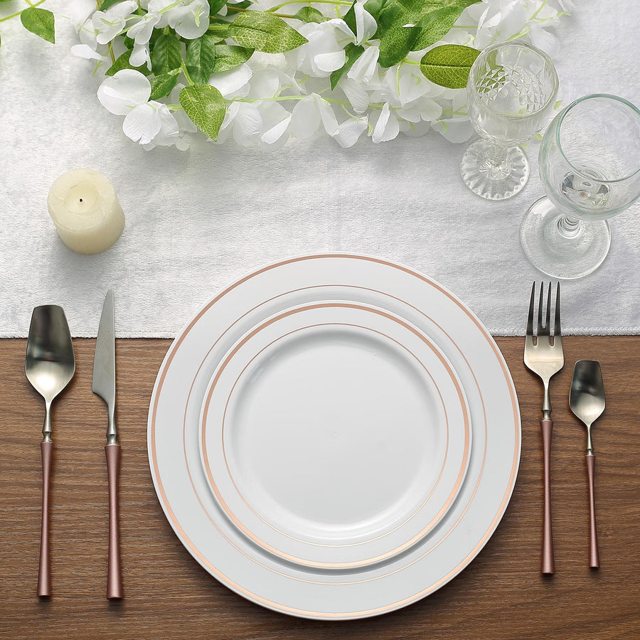 10 Pack | 10inch Très Chic Rose Gold Rim White Disposable Dinner Plates, Plastic Party Plates