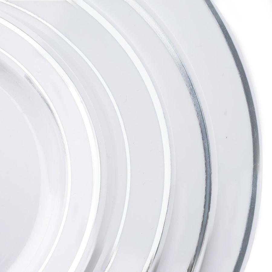 10 Pack | 10inch Très Chic Silver Rim White Disposable Dinner Plates, Plastic Party Plates#whtbkgd