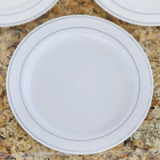 10 Pack | 10" Très Chic Silver Rim White Disposable Dinner Plates