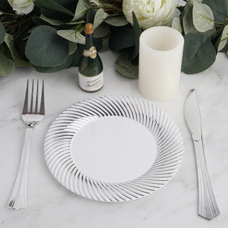 Convenient and Elegant White/Silver Swirl Rim Disposable Appetizer Plates