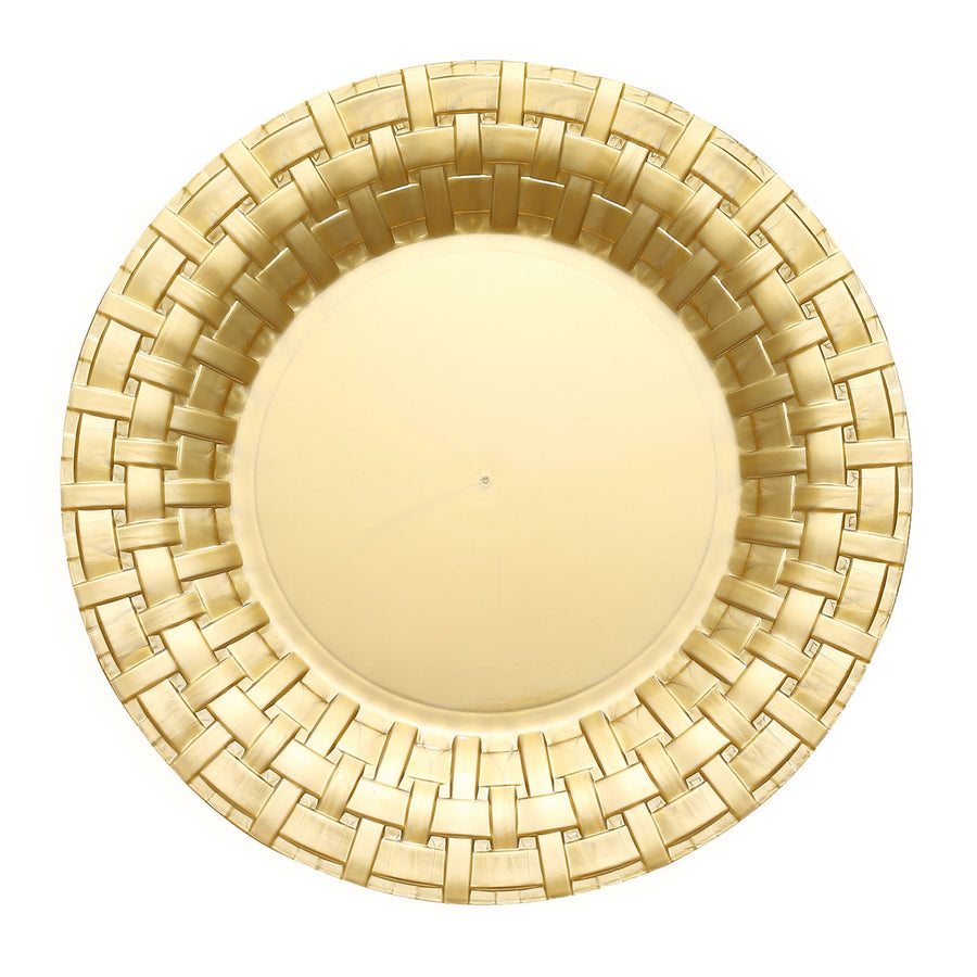 10 Pack | 10inch Gold Basketweave Rim Plastic Dinner Plates, Round Disposable Plates#whtbkgd