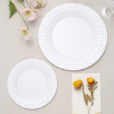 10 Pack | 10inch White Basketweave Rim Plastic Dinner Plates, Round Disposable Plates